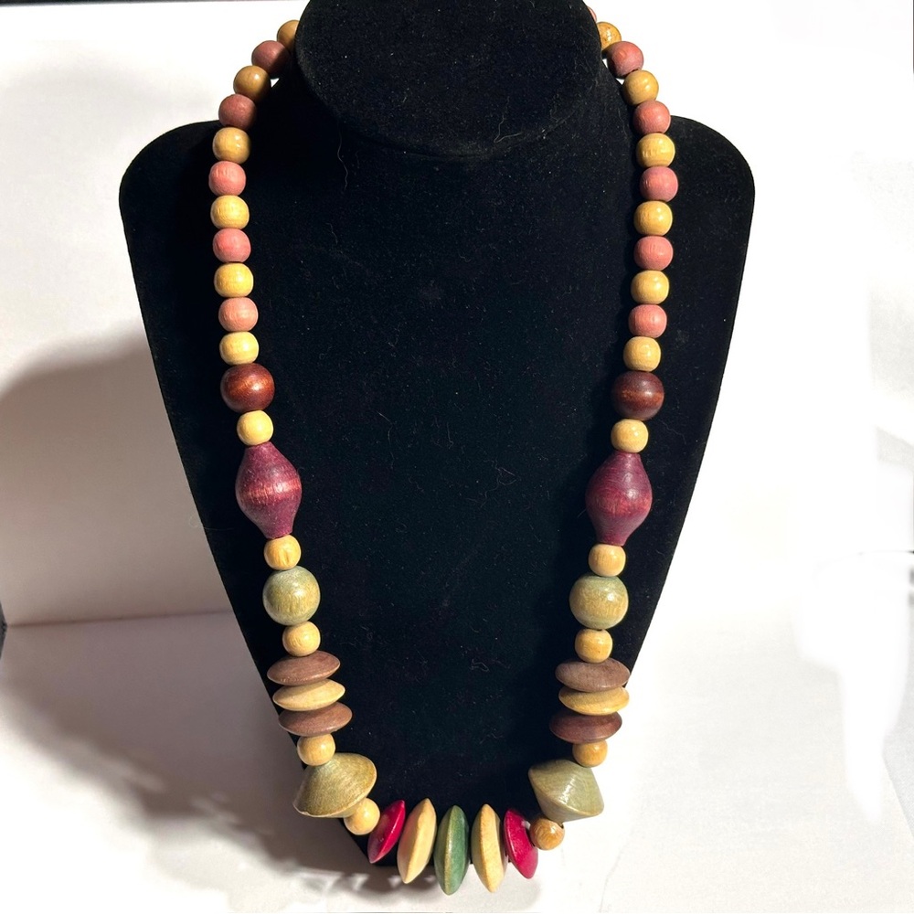 Earthy Multi Color Wooden Beaded Necklace Boho Retro Forest Fairy Chunky